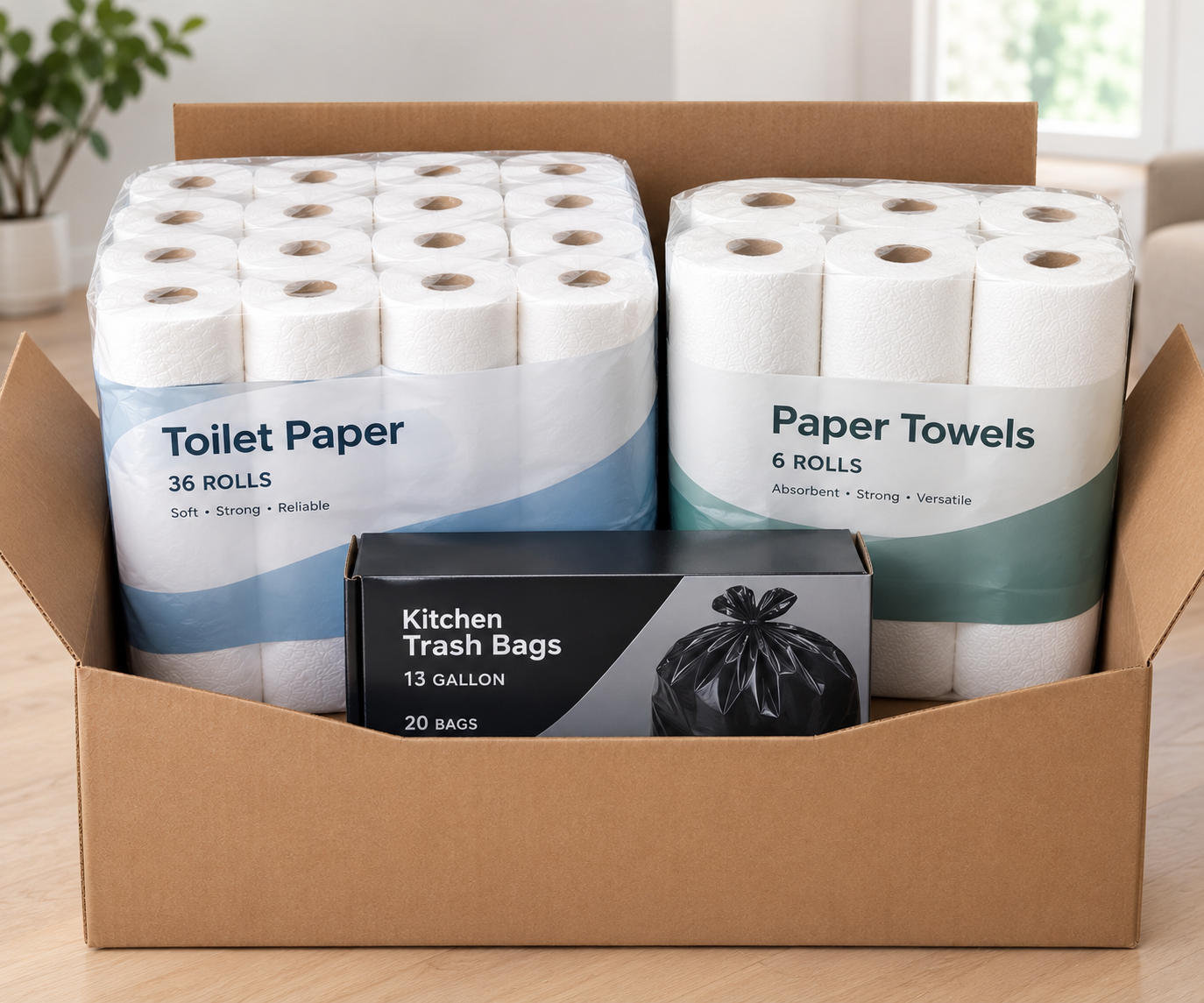 An open cardboard box with toilet paper, paper towels, and trash bags.