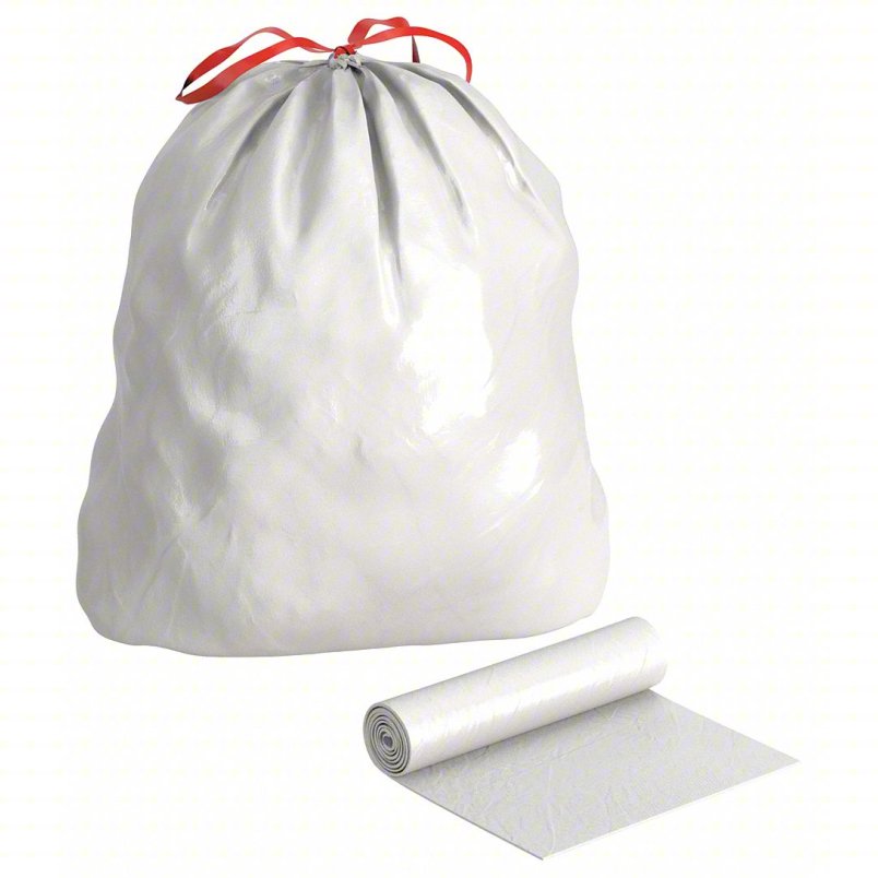 A white trash bag and an unused roll.